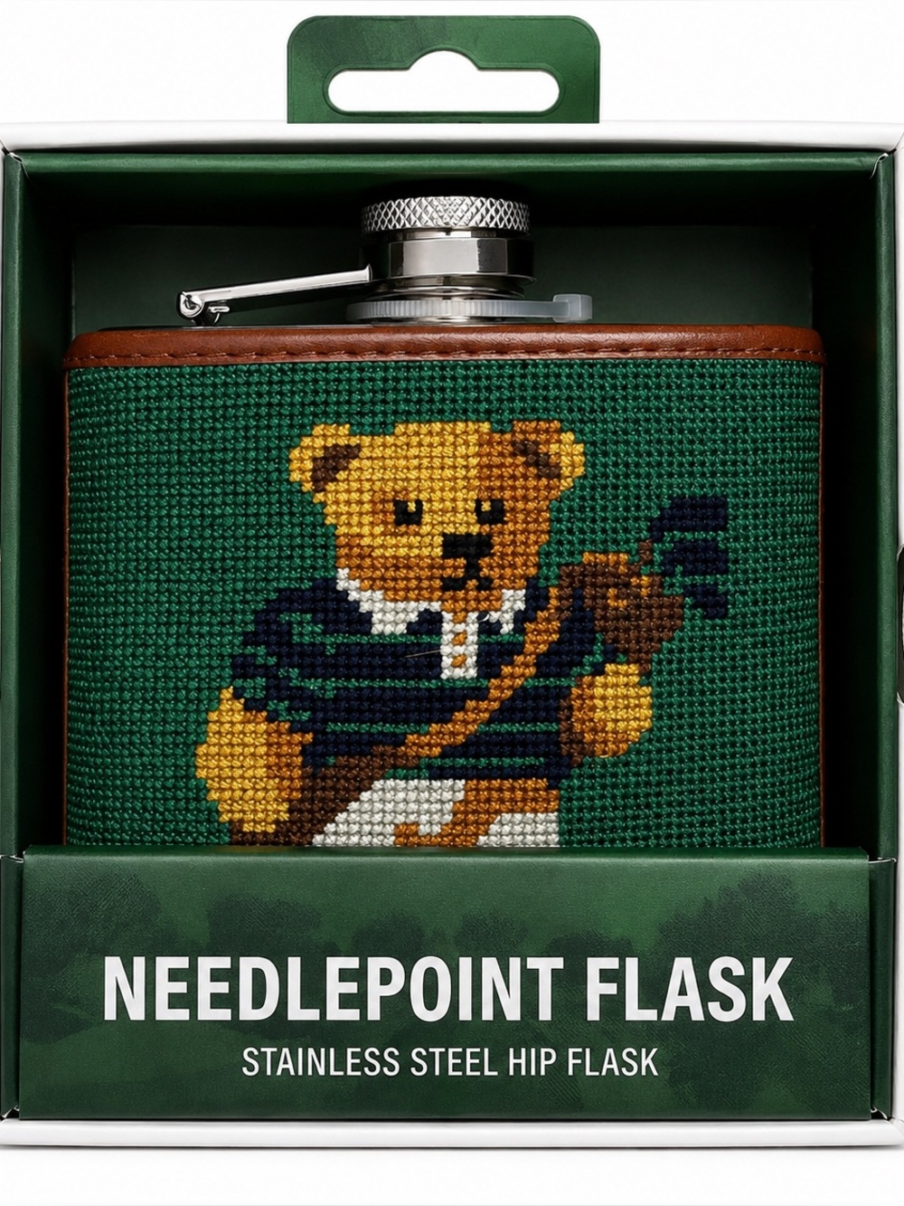 Needlepoint Bear Hip Flask - Green & Brown